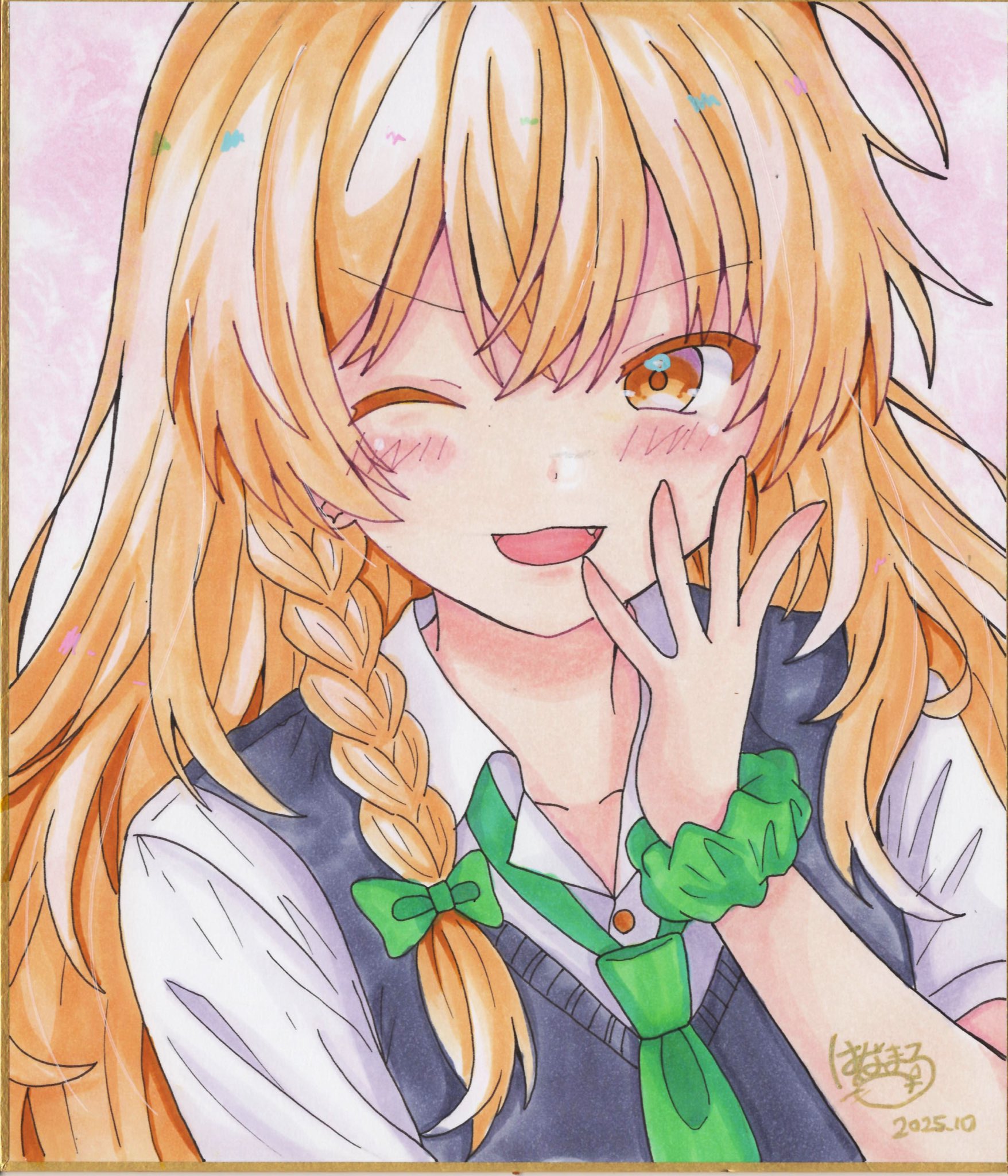 kirisame marisa, touhou, commentary request, highres, traditional media, 1girl, alternate costume, black sweater vest, blonde hair, blush, bow, braid, collared shirt, dated, green bow, green necktie, hair bow, hoshi tea party, looking at viewer, necktie, no headwear, one eye closed, open mouth, school uniform, scrunchie, shikishi, shirt, side braid, signature, single braid, smile, solo, sweater vest, white shirt, wrist scrunchie, yellow eyes