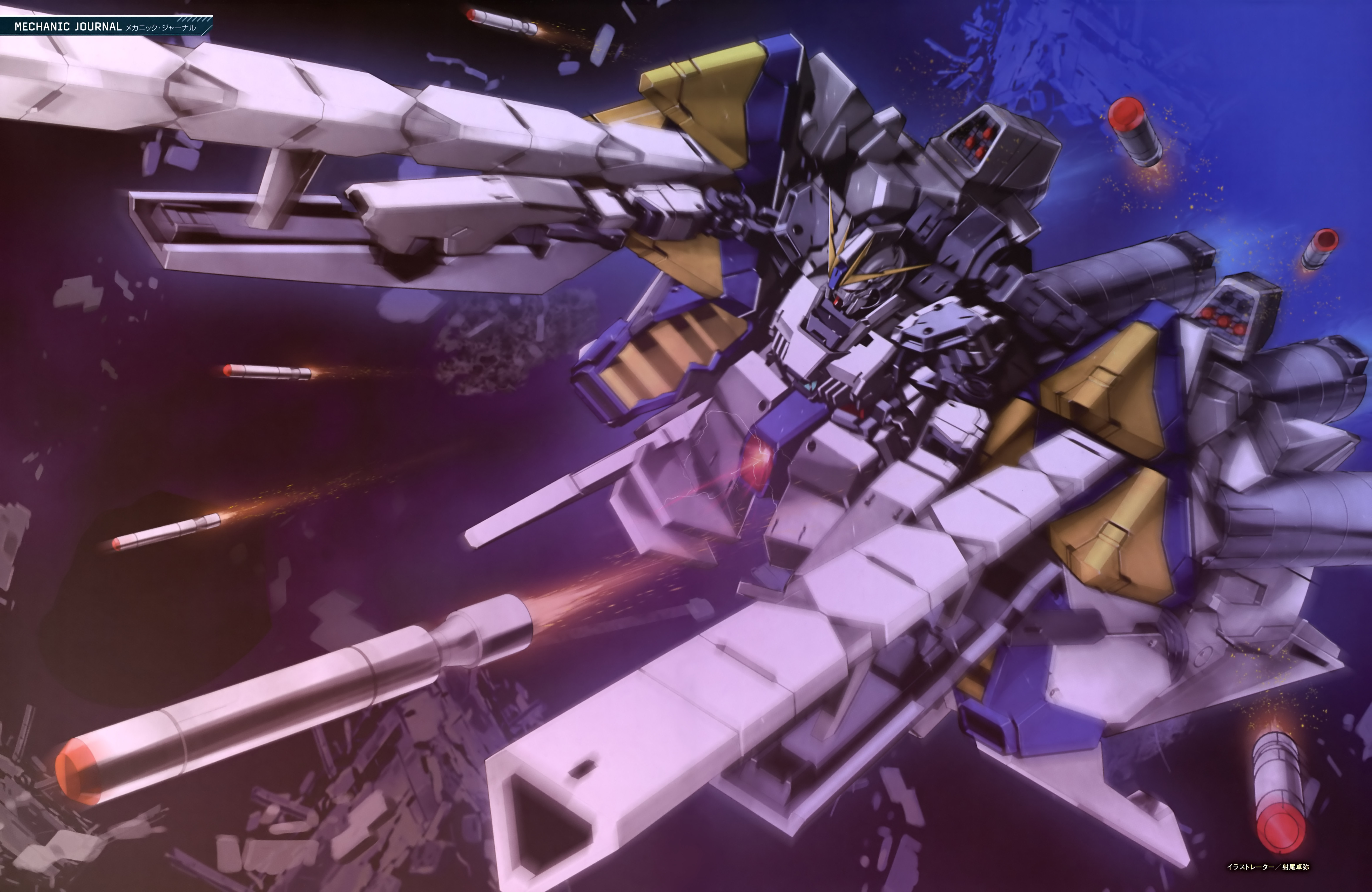 io takuya, narrative gundam, gundam, gundam narrative, absurdres, highres, magazine scan, painting (medium), scan, traditional media, battle, beam cannon, beam rifle, debris, energy gun, firing, gundam perfect file, machinery, mecha, mecha focus, missile, mobile suit, motion blur, no humans, realistic, robot, ruins, science fiction, solo, space, space habitat, thrusters, v-fin, weapon, zero gravity