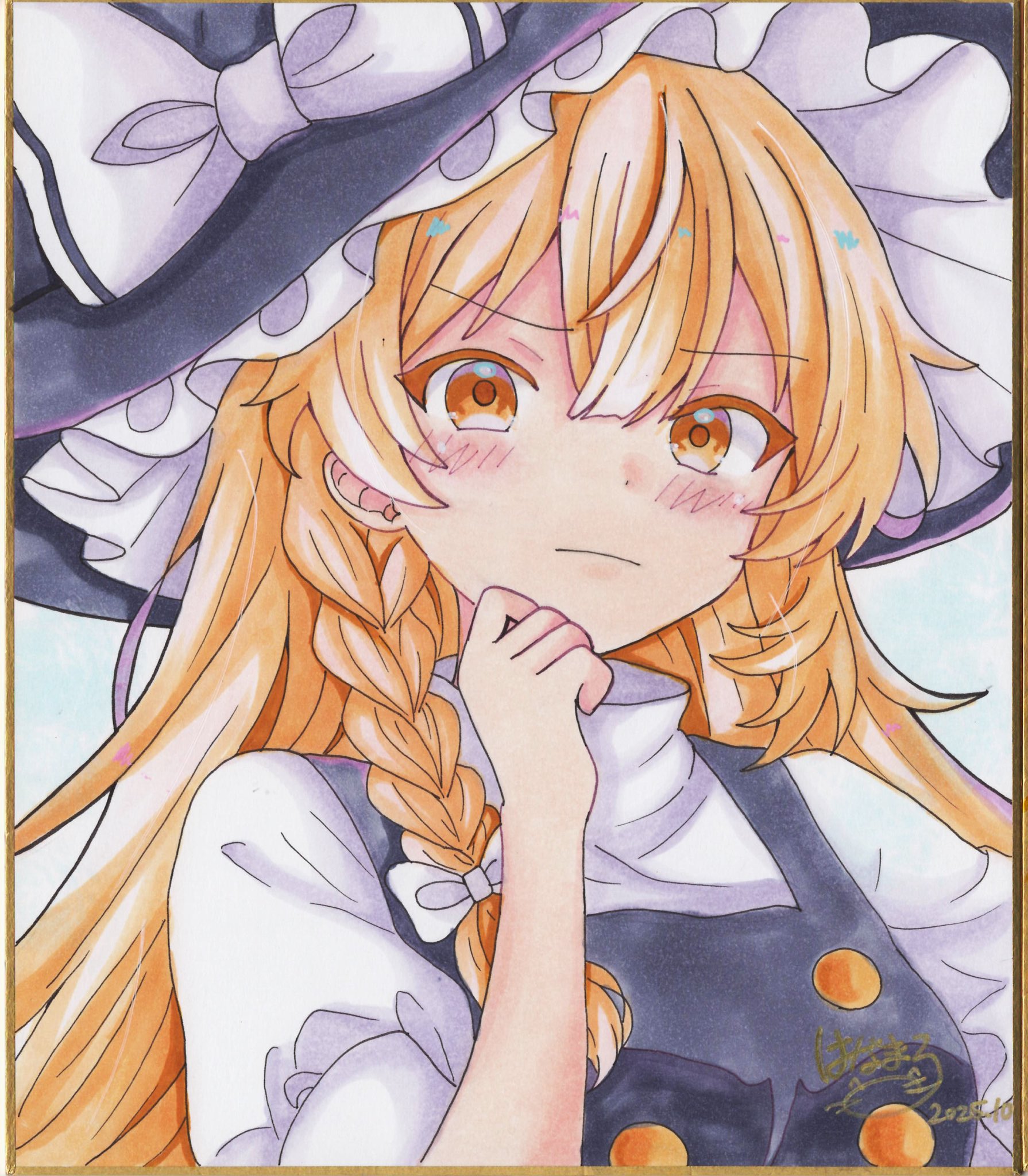 kirisame marisa, touhou, commentary request, highres, traditional media, 1girl, black hat, black vest, blonde hair, blush, bow, braid, closed mouth, dated, hair bow, hat, hat bow, hoshi tea party, long hair, looking at viewer, shikishi, side braid, signature, single braid, solo, vest, white bow, witch hat, yellow eyes