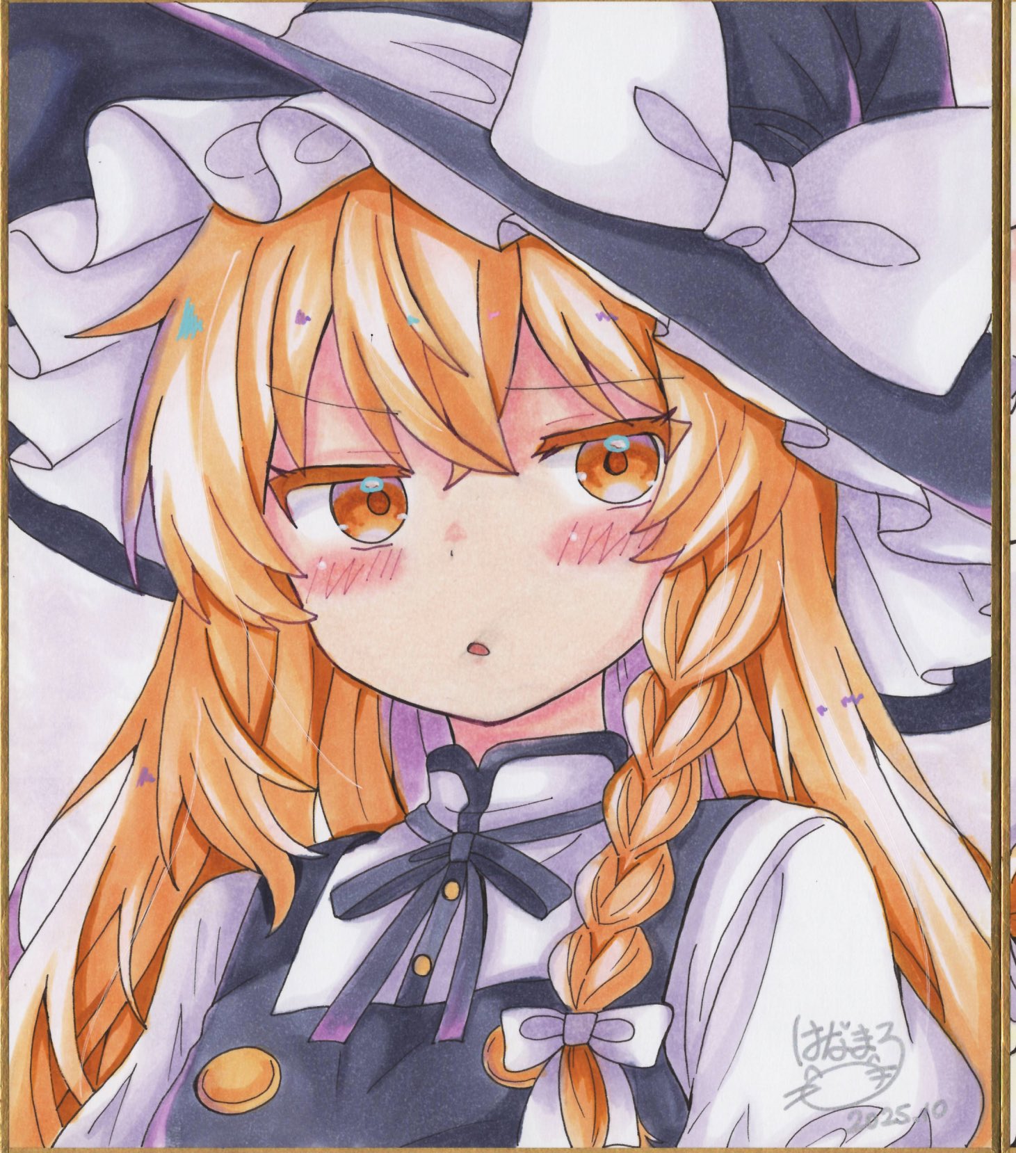 kirisame marisa, touhou, commentary request, highres, traditional media, 1girl, black hat, black ribbon, black vest, blonde hair, blush, bow, braid, dated, hair bow, hat, hat bow, hoshi tea party, looking at viewer, neck ribbon, open mouth, ribbon, shikishi, side braid, signature, single braid, solo, vest, witch hat, yellow eyes