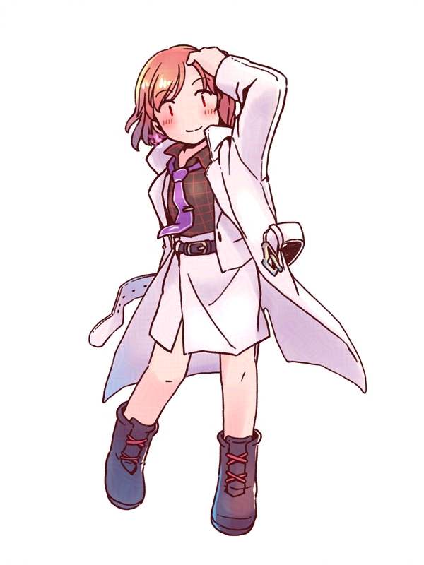 rangycrow, horikawa raiko, touhou, commentary request, 1girl, belt, black belt, black shirt, black shoes, blush, full body, grid print, hand on own head, jacket, knees, necktie, open belt, purple necktie, red eyes, red hair, shirt, shoes, short hair, simple background, skirt, smile, solo, split mouth, white background, white belt, white jacket, white skirt