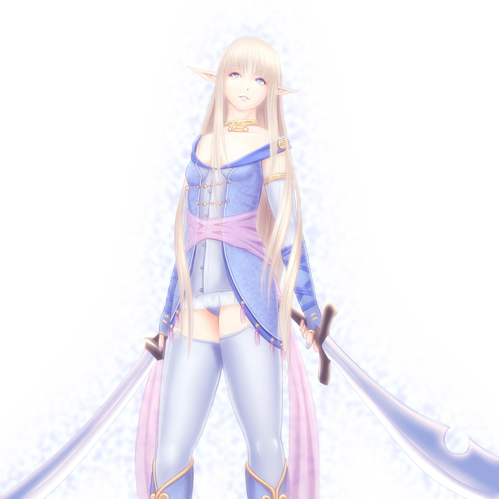 tyamag, elvaan, final fantasy, final fantasy xi, 00s, blonde hair, blue eyes, choker, detached sleeves, elf, long hair, panties, pointy ears, sword, thighhighs, underwear, weapon