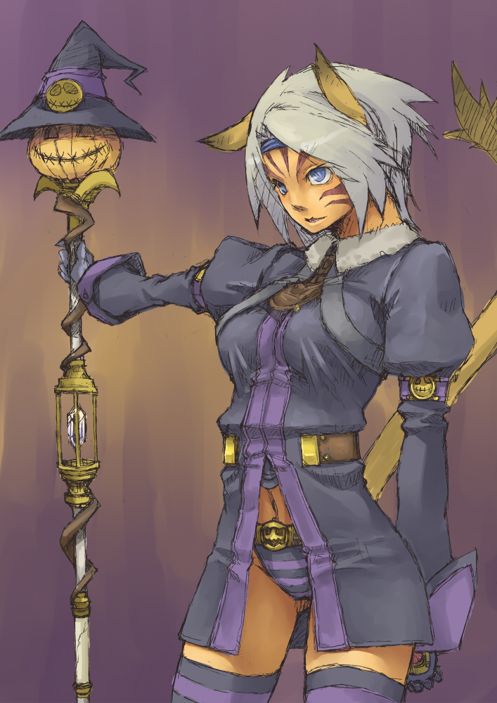 suzuno (bookshelf), black mage (final fantasy), mithra (ff11), final fantasy, final fantasy xi, bad id, bad pixiv id, 00s, 1girl, animal ears, blue eyes, cat ears, cat girl, cat tail, female focus, halloween, panties, pumpkin, short hair, solo, staff, tail, thighhighs, tiger stripes, underwear, white hair