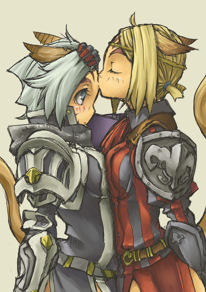 suzuno (bookshelf), mithra (ff11), final fantasy, final fantasy xi, 00s, animal ears, armor, blonde hair, blue eyes, blush, cat ears, cat tail, closed eyes, grey hair, kiss, short hair, tail