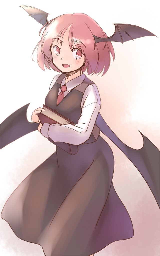 rangycrow, koakuma, touhou, commentary request, 1girl, :d, alternate hair length, alternate hairstyle, black skirt, black vest, black wings, book, collared shirt, feet out of frame, fins, from above, head fins, holding, holding book, light blush, long sleeves, low wings, necktie, one-hour drawing challenge, open mouth, red eyes, red hair, red necktie, shirt, sideways glance, skirt, smile, solo, vest, white shirt, wings