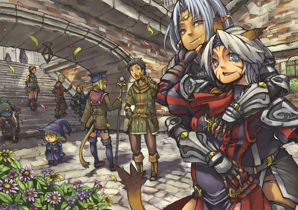 suzuno (bookshelf), elvaan, mithra (ff11), final fantasy, final fantasy xi, 00s, animal ears, armor, black hair, blonde hair, blue eyes, cat ears, cat tail, elf, grey hair, hat, hume, long hair, looking back, orange eyes, pointy ears, road, short hair, street, tail, tarutaru, tiara