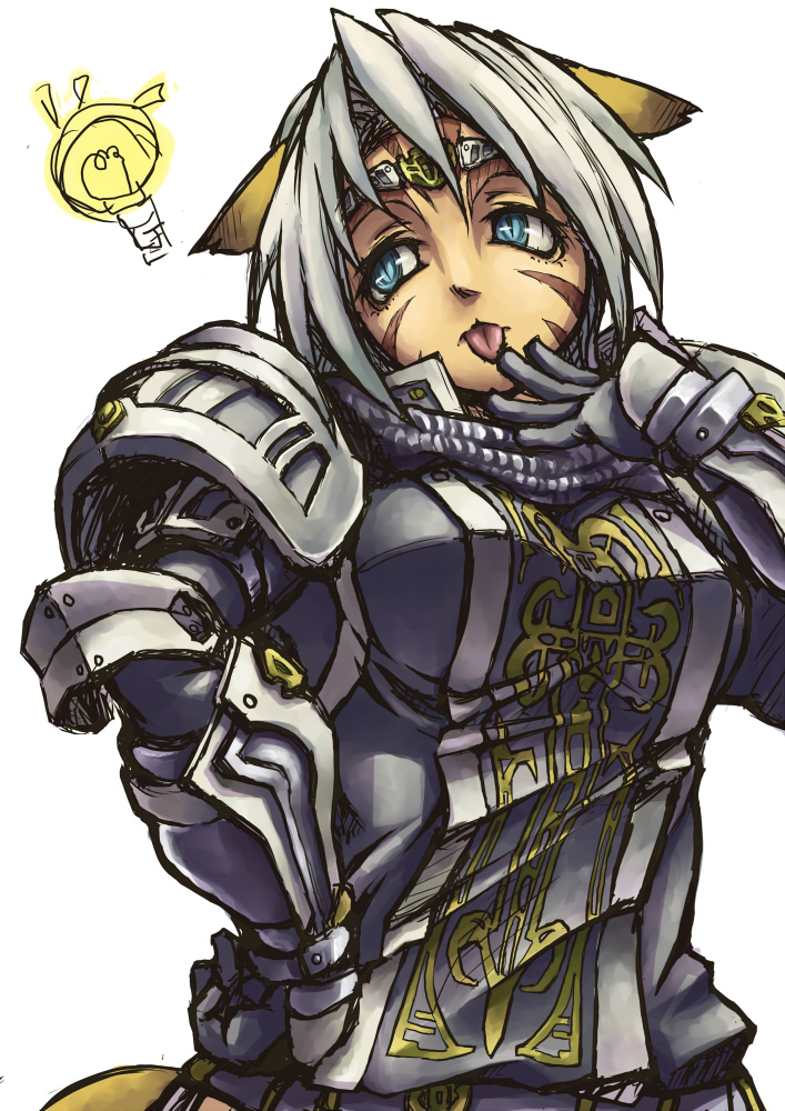 suzuno (bookshelf), mithra (ff11), final fantasy, final fantasy xi, 00s, animal ears, armor, blue eyes, breasts, cat ears, grey hair, short hair, tiara