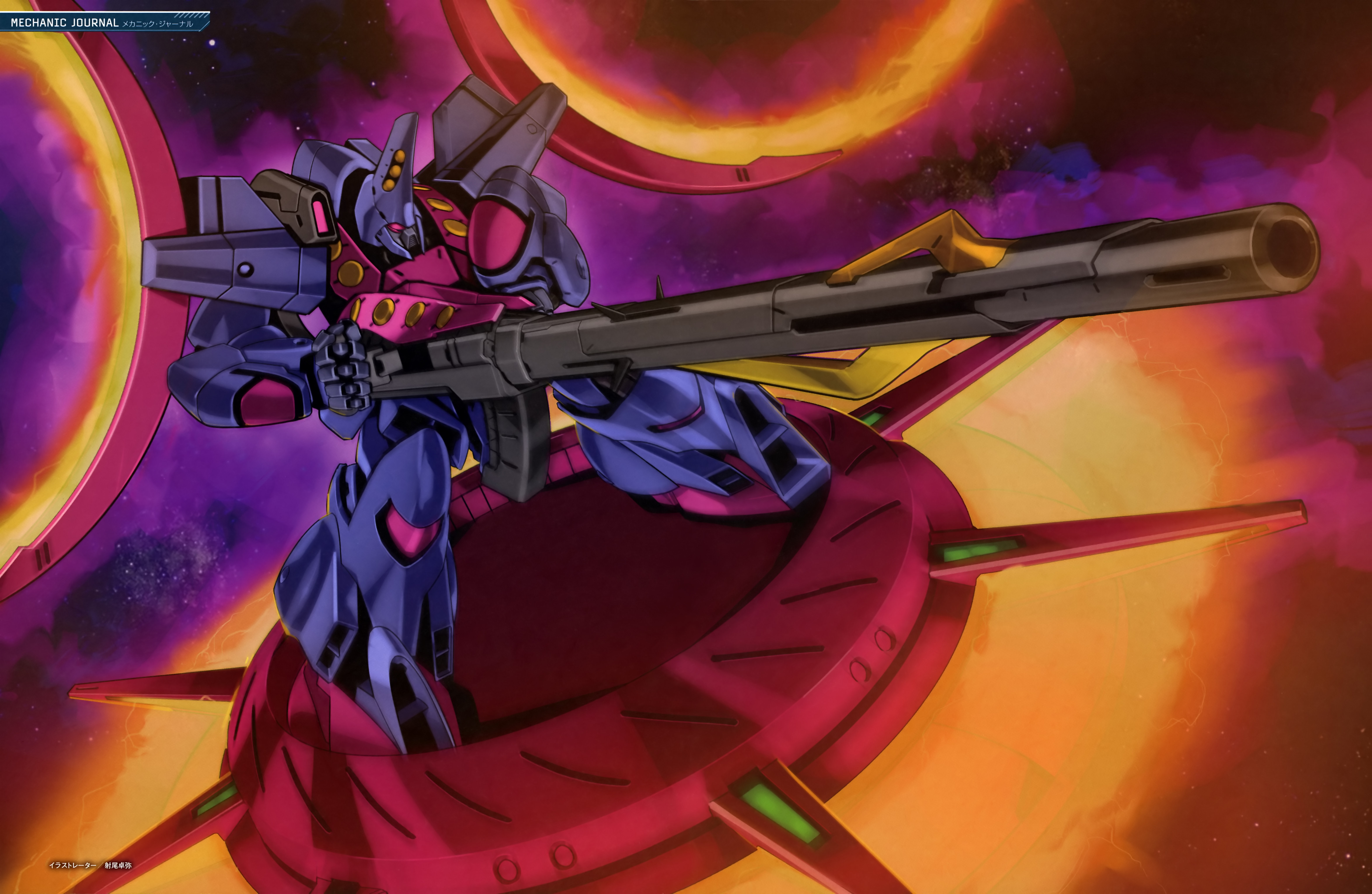 io takuya, zanneck, gundam, victory gundam, absurdres, highres, magazine scan, painting (medium), scan, traditional media, 1990s (style), battle, beam cannon, beam rifle, energy, energy gun, glowing, gundam perfect file, machinery, mecha, mecha focus, mobile suit, no humans, retro artstyle, riding, robot, scene reference, science fiction, solo, space, spacecraft, thrusters, weapon, zanscare, zero gravity