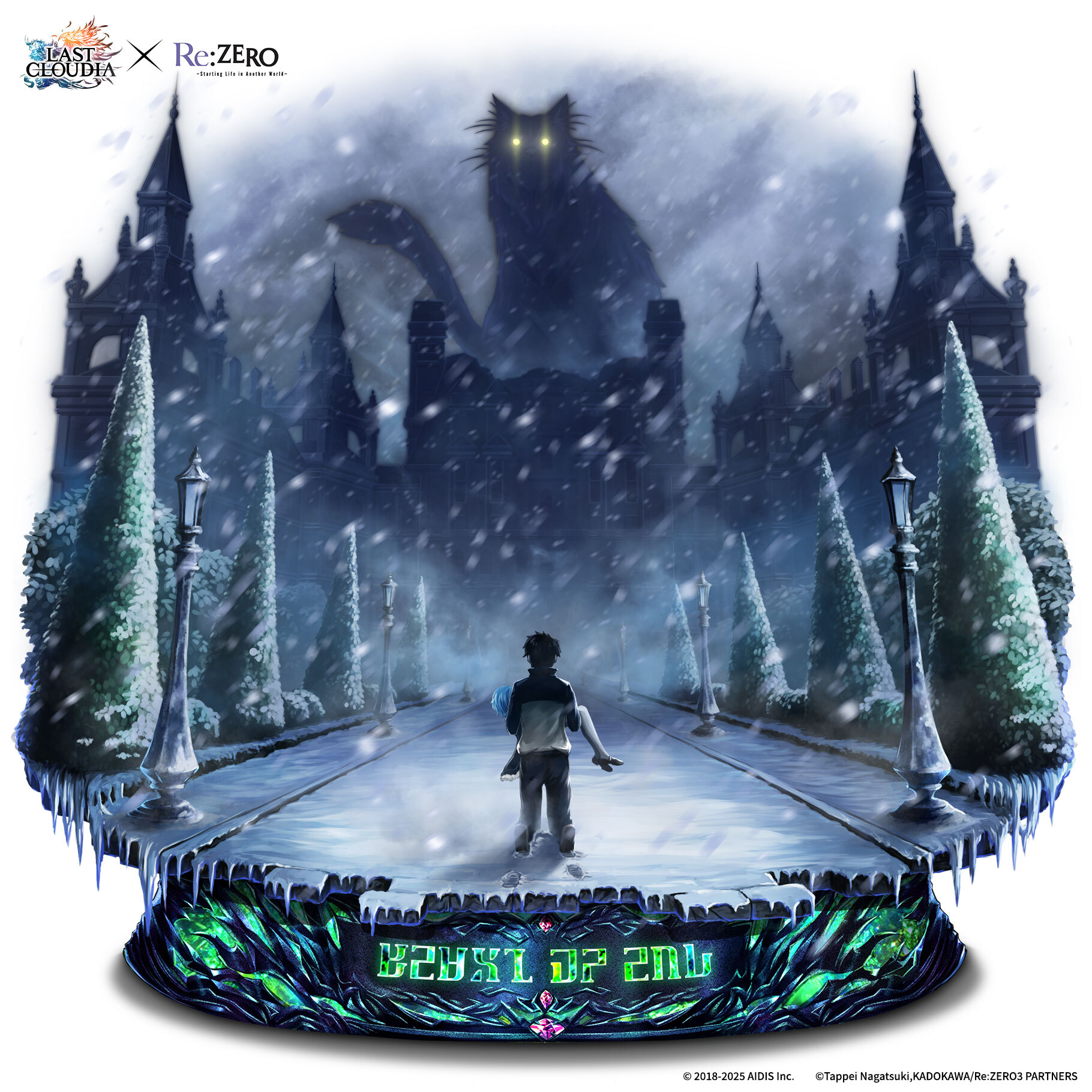 natsuki subaru, puck (re:zero), rem (re:zero), last cloudia, re:zero kara hajimeru isekai seikatsu, commentary, english commentary, highres, official art, second-party source, 1girl, 2boys, black hair, blizzard, blue hair, cat, dress, glowing, glowing eyes, grey cat, hair slicked back, jacket, kneeling, lamppost, maid, mansion, monster, multiple boys, outdoors, road, roswaal mansion maid uniform, short hair, snow, thighhighs, track jacket, track suit, tree