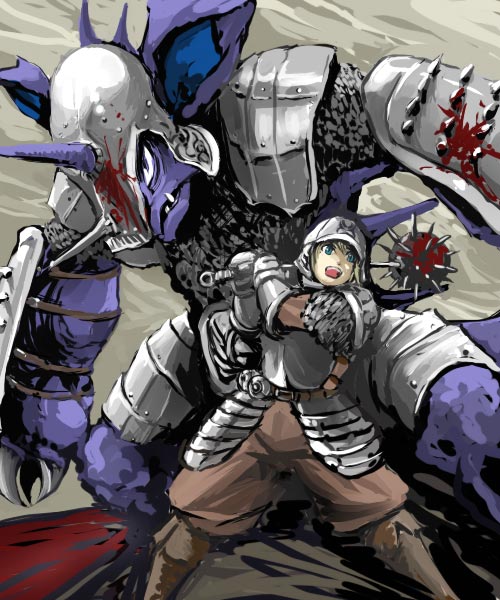 nidoking, nintendo, pokemon, 1boy, armor, battle, blood, epic, gauntlets, gen 1 pokemon, helmet, horns, knight, mace, male focus, poke ball, pokemon (creature), spikes, weapon