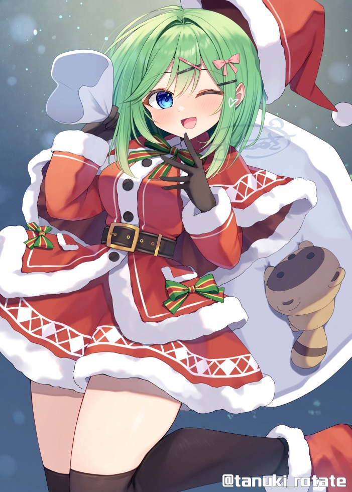 shirai tanuki, takeda emi, original, commentary request, 1girl, belt, black gloves, black thighhighs, blue background, blue eyes, boots, bow, bowtie, brown belt, capelet, christmas, coat, fur-trimmed boots, fur-trimmed capelet, fur-trimmed skirt, fur-trimmed sleeves, fur trim, gloves, green bow, green bowtie, green hair, hair bow, hair ornament, hat, heart, holding, holding sack, looking at viewer, medium hair, one eye closed, open mouth, pink bow, red boots, red capelet, red coat, red skirt, sack, santa costume, santa hat, skirt, smile, snowing, solo, standing, standing on one leg, striped bow, striped bowtie, striped clothes, tanuki, thighhighs, twitter username, x hair ornament