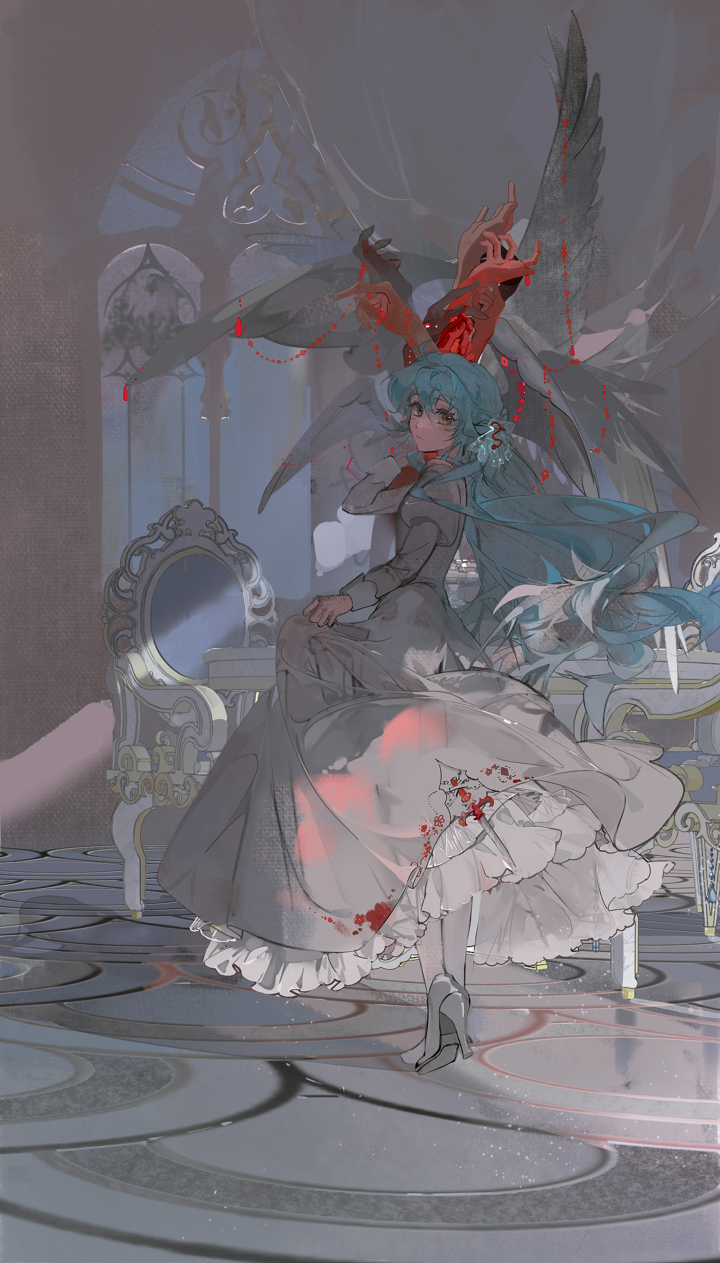 xixun, original, absurdres, chinese commentary, commentary request, highres, 1girl, ahoge, aqua hair, closed mouth, dagger, disembodied hand, dress, eyelashes, full body, grey dress, grey shoes, hair between eyes, indoors, juliet sleeves, knife, long dress, long hair, long sleeves, looking at viewer, looking back, orange eyes, pantyhose, petticoat, puffy sleeves, shoes, skirt hold, solo, very long hair, weapon, white pantyhose, window, wings