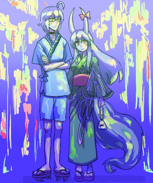 cheken, chiein ken, ex-keine, kamishirasawa keine, morichika rinnosuke, touhou, silver hair, 1boy, 1girl, couple, glasses, hetero, horns, japanese clothes, long hair, red eyes, short hair, tail, yellow eyes