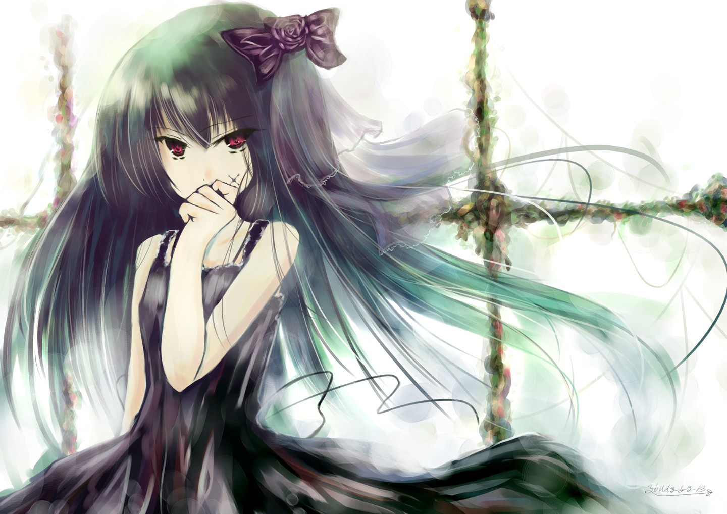 abudala, original, 1girl, black hair, bow, dress, female focus, flower, hair bow, hair ornament, long hair, red eyes, solo, white background