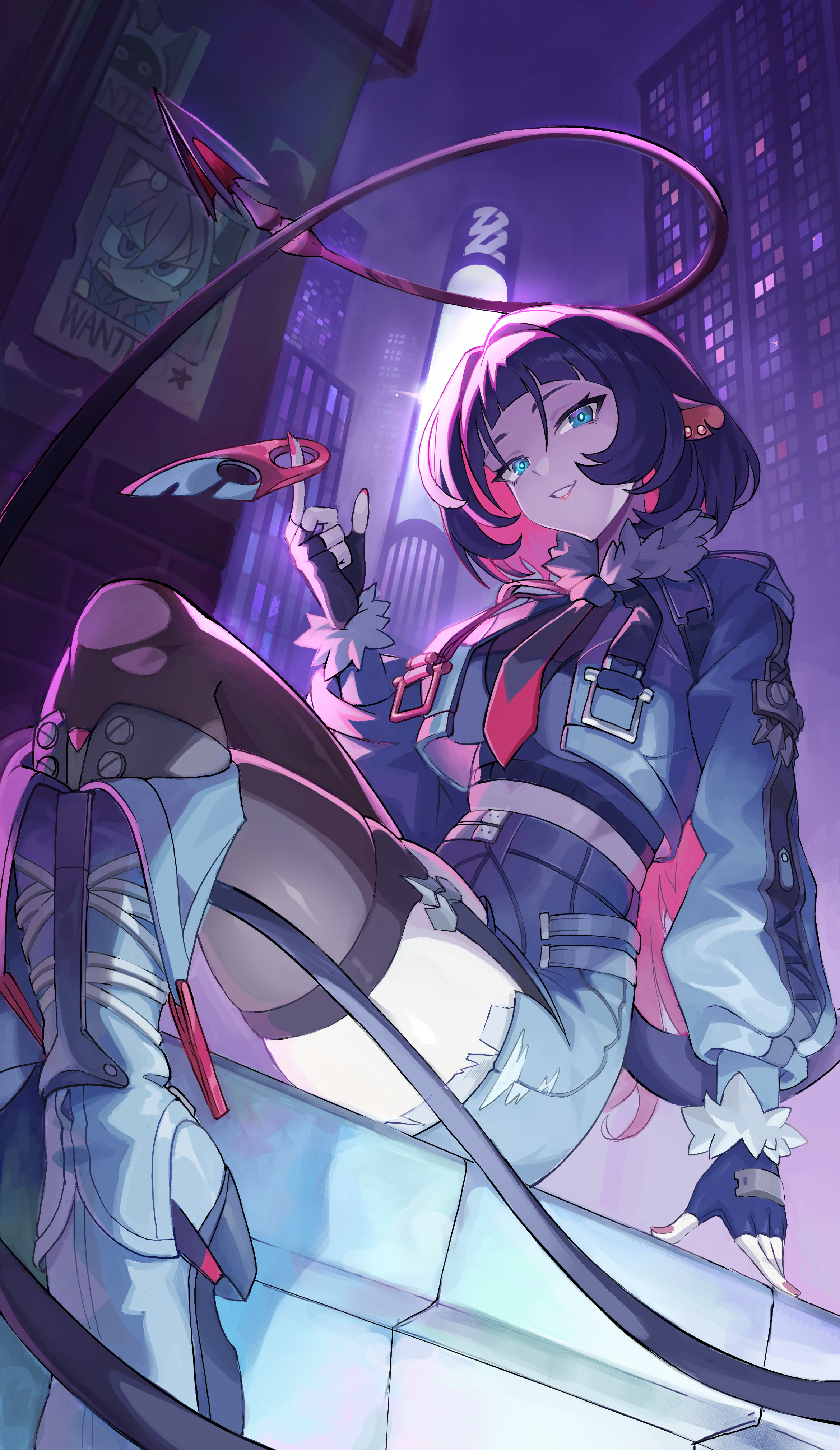 jane doe (zenless zone zero), seth lowell, zenless zone zero, absurdres, highres, 1boy, 1girl, animal ears, black hair, black necktie, blue eyes, boots, cat boy, cat ears, city, combat knife, cropped jacket, fingerless gloves, fur-trimmed jacket, fur trim, gloves, hair between eyes, ingna236, jacket, knife, long hair, long sleeves, looking at viewer, missing commentary, mouse ears, mouse girl, multicolored hair, multicolored necktie, nail polish, necktie, pantyhose, police, police uniform, policeman, red hair, red nails, red necktie, short hair, shorts, single leg pantyhose, single thighhigh, sitting, smile, solo, spinning weapon, tail, thighhighs, torn clothes, torn pantyhose, wanted poster, weapon, white hair