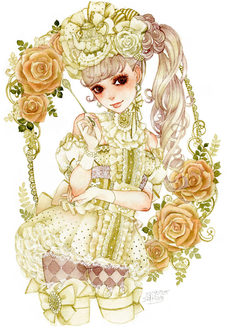 sakizou, painting (medium), traditional media, watercolor (medium), 1girl, ||/, blonde hair, bow, choker, cropped legs, earrings, female focus, flower, frills, gathers, gloves, grey hair, hand on own elbow, jewelry, lipstick, long hair, makeup, ponytail, red eyes, ribbon, ring, side ponytail, solo, teapot, thighhighs, white gloves