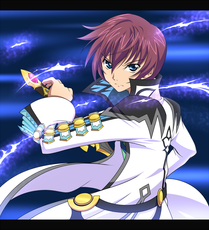 mikeneko (stray-sheep), asbel lhant, tales of (series), tales of graces, 1boy, blue background, blue eyes, brown hair, fighting stance, letterboxed, male focus, ready to draw, short hair, solo, sword, weapon