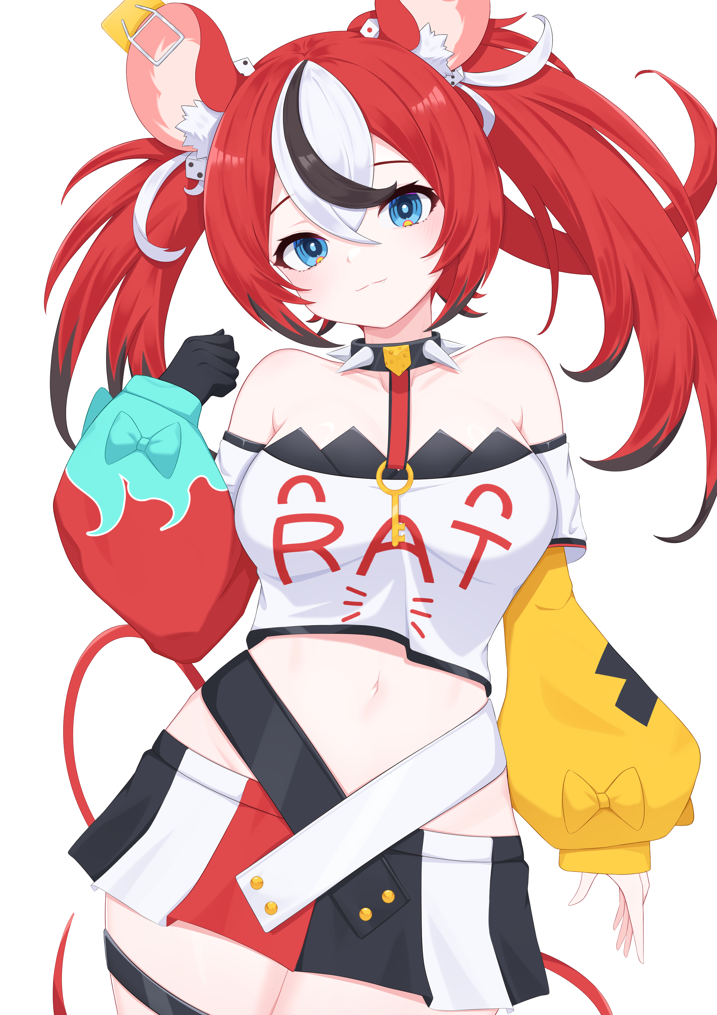 tsubame tien, hakos baelz, hakos baelz (1st costume), hololive, hololive english, absurdres, commentary, highres, paid reward available, 1girl, animal ear fluff, animal ears, arm up, armpit crease, asymmetrical sleeves, bandeau, black bandeau, black gloves, black hair, black streaks, blue eyes, breasts, cheese, choker, crop top, detached sleeves, dice, dice hair ornament, double-parted bangs, food, gloves, hair between eyes, hair ornament, key, medium breasts, midriff, mouse ears, mouse tail, multicolored hair, multicolored skirt, navel, red hair, shirt, single glove, skirt, spiked choker, spikes, standing, stomach, tail, thigh strap, thighs, twintails, uneven twintails, virtual youtuber, white background, white hair, white shirt