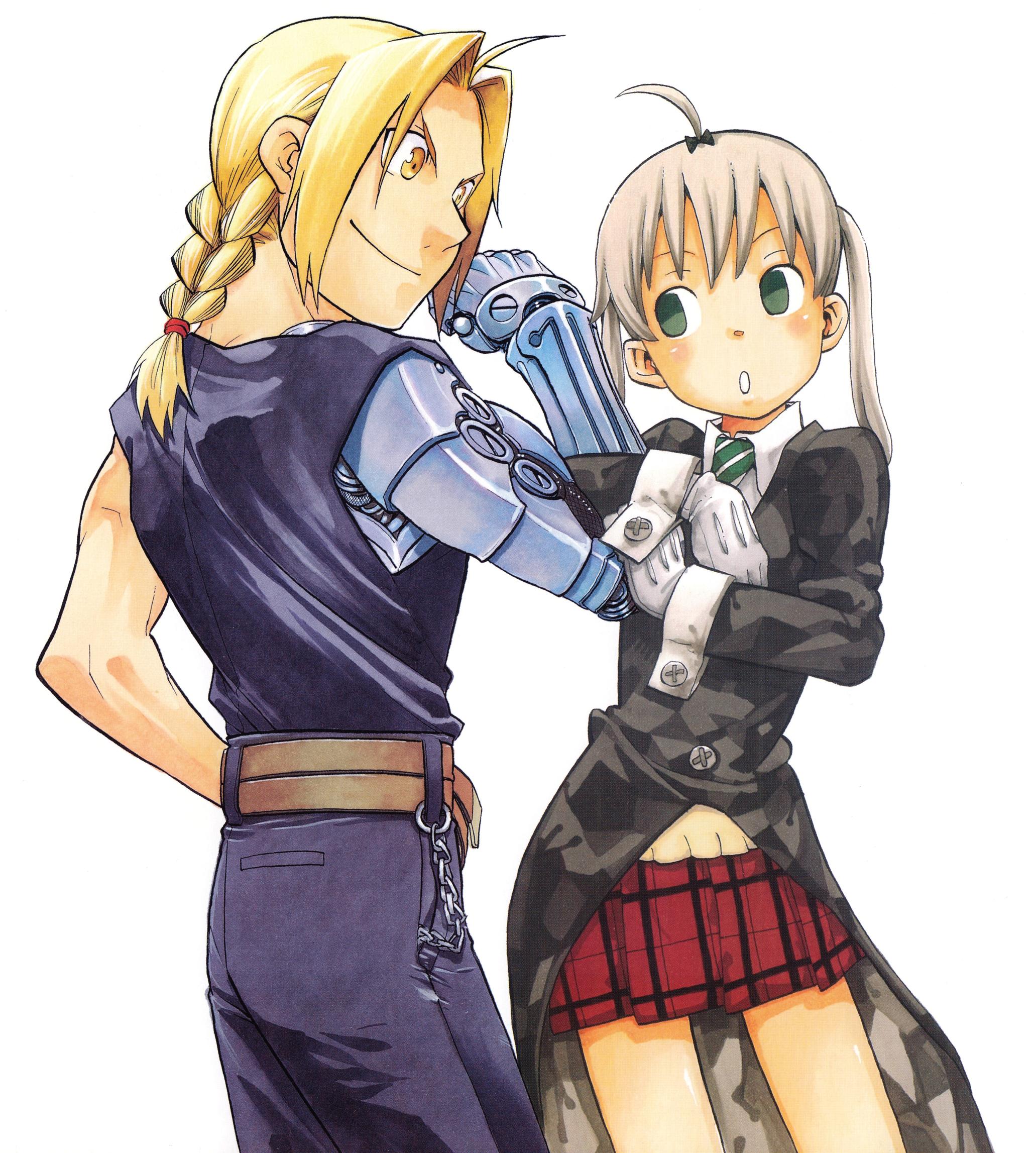 arakawa hiromu, ohkubo atsushi, edward elric, maka albarn, fullmetal alchemist, soul eater, artist collaboration, highres, official art, 00s, 1boy, 1girl, :o, ahoge, blonde hair, chain, company connection, crossover, green eyes, necktie, plaid clothes, plaid skirt, short hair, skirt, smile, twintails, yellow eyes