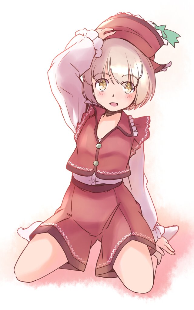 rangycrow, lyrica prismriver, touhou, commentary request, 1girl, blonde hair, blush, buttons, frilled hat, frilled vest collar, frills, full body, hand on own hat, hat, kneeling, knees, long sleeves, looking at viewer, one-hour drawing challenge, open mouth, orange background, red hat, red shorts, red vest, shirt, shooting star hat ornament, shorts, smile, socks, solo, vest, white shirt, white socks, yellow eyes