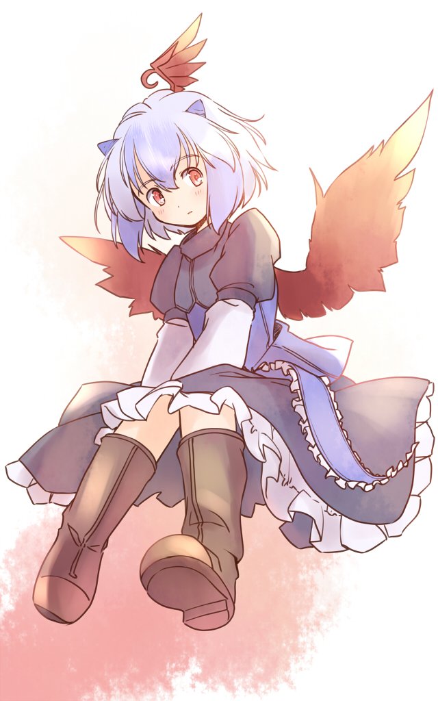 rangycrow, tokiko (touhou), touhou, commentary request, 1girl, black skirt, black vest, blue hair, blue ribbon, blue shirt, boots, brown boots, frilled ribbon, frills, full body, head wings, juliet sleeves, light blush, long sleeves, one-hour drawing challenge, parted lips, petticoat, puffy sleeves, red eyes, red wings, ribbon, shirt, short hair, single head wing, skirt, small horns, solo, vest, white sleeves, wings, yellow background