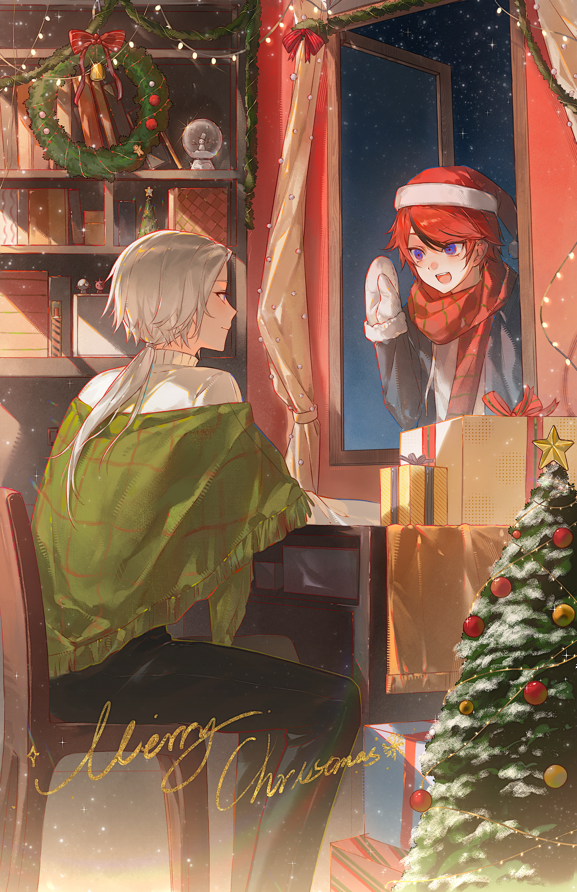 aotsuki eito, sumino takumi, the hundred line -last defense academy-, absurdres, chinese commentary, commentary request, highres, 2boys, :d, alternate costume, alternate hair length, alternate hairstyle, black hair, black jacket, black pants, blue eyes, book, chair, chi bu92189, christmas, christmas lights, christmas ornaments, christmas present, christmas tree, christmas wreath, closed mouth, desk, drawstring, english text, fur-trimmed mittens, fur trim, gift, green shawl, grey hair, hair between eyes, hand up, hat, jacket, long hair, low ponytail, male focus, merry christmas, mittens, multicolored hair, multiple boys, night, on chair, open clothes, open jacket, open mouth, open window, pants, ponytail, red hair, red hat, santa hat, shawl, shelf, short hair, sitting, smile, snow globe, star (sky), star (symbol), streaked hair, sweater, teeth, tree-topper, tsurime, turtleneck, turtleneck sweater, two-tone hair, upper teeth only, white mittens, white sweater, window, wreath