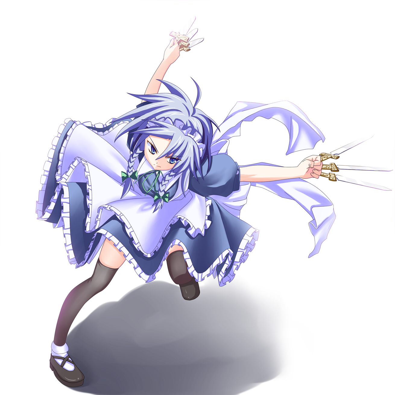 ina (inadahime), izayoi sakuya, touhou, silver hair, bad id, bad pixiv id, highres, 1girl, blue eyes, braid, female focus, knife, maid, short hair, solo, thighhighs, throwing knife, twin braids, weapon, white background