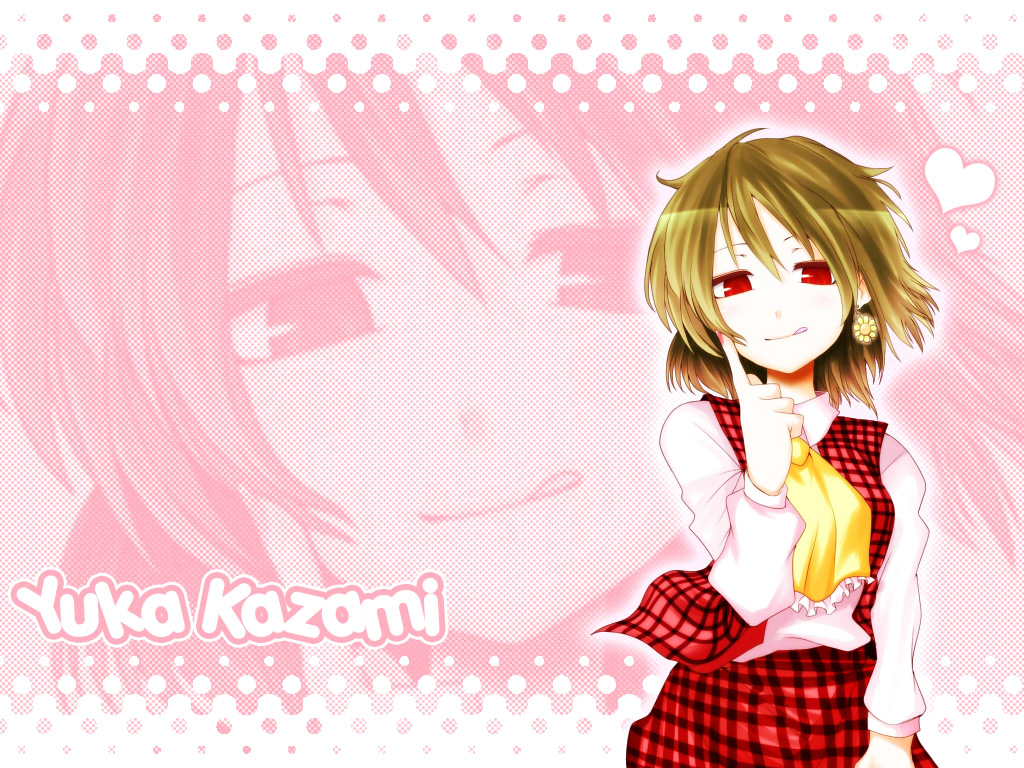 hane (hanegoya), kazami yuuka, touhou, 1girl, :p, :q, ascot, character name, earrings, female focus, finger to face, green hair, head tilt, heart, jewelry, plaid clothes, plaid skirt, plaid vest, red eyes, short hair, skirt, smile, solo, tongue, tongue out, vest, zoom layer