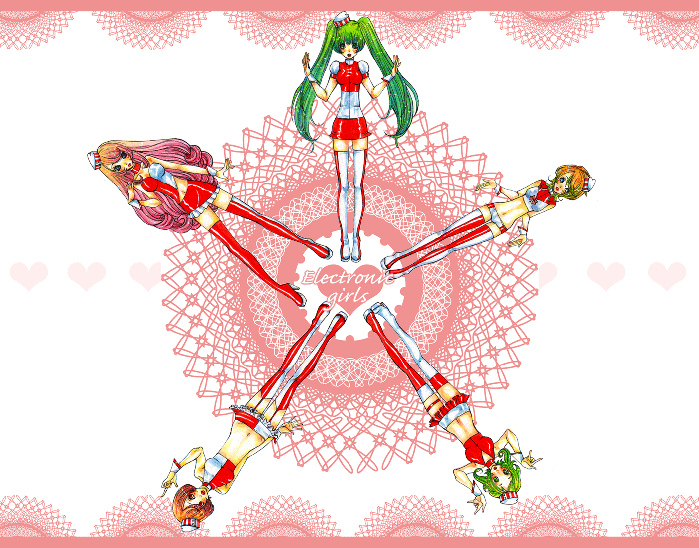 nakatani keiko, gumi, hatsune miku, kagamine rin, megurine luka, meiko (vocaloid), vocaloid, 5girls, blonde hair, blush, breasts, brown hair, circle formation, dress, green hair, hat, large breasts, lips, long hair, medium breasts, multiple girls, pink hair, short hair, shorts, skirt, small breasts, thighhighs, twintails