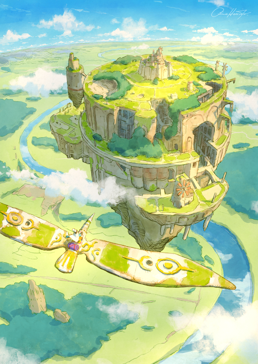 katou oswaldo, original, chinese commentary, commentary request, highres, 1other, above clouds, ambiguous gender, blue sky, cloud, day, fantasy, floating city, floating island, flying, meadow, outdoors, river, scenery, signature, sky, very wide shot