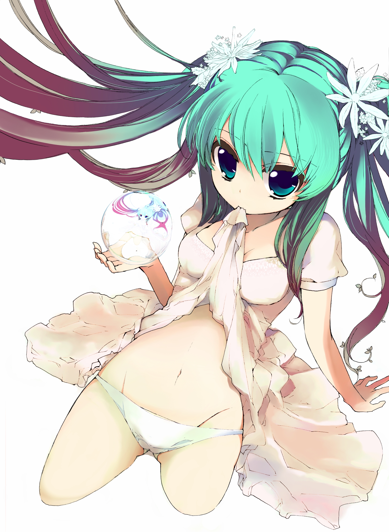 fk, giuniu, original, colorized, highres, 1girl, blue eyes, clothes in mouth, clothes lift, dress, dress in mouth, dress lift, female focus, flower, globe, green hair, hair flower, hair ornament, kneeling, midriff, mouth hold, multicolored hair, panties, solo, twintails, underwear