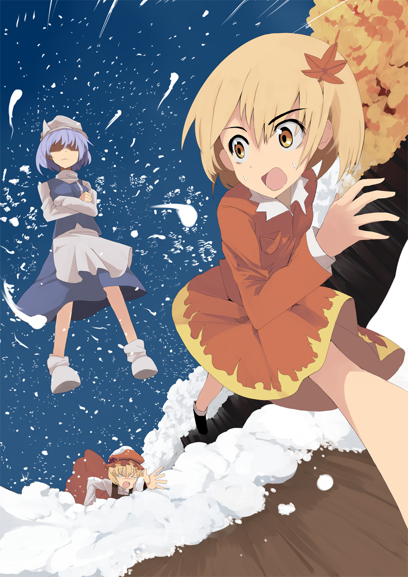 mieharu, aki minoriko, aki shizuha, letty whiterock, touhou, light purple hair, 3girls, blonde hair, female focus, hair ornament, hat, leaf, leaf hair ornament, maple leaf, multiple girls, short hair, snow, yellow eyes
