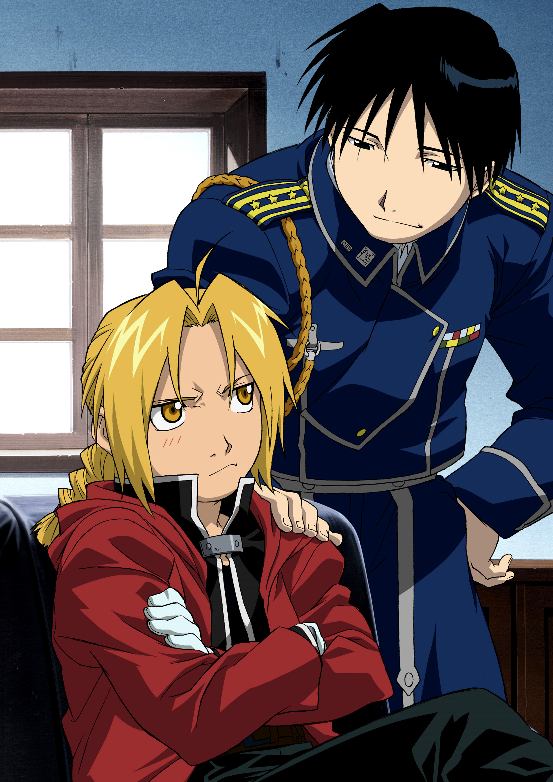 edward elric, roy mustang, fullmetal alchemist, absurdres, highres, official art, 00s, 2boys, aiguillette, black hair, blonde hair, braid, crossed arms, gloves, male focus, military, military uniform, multiple boys, ponytail, single braid