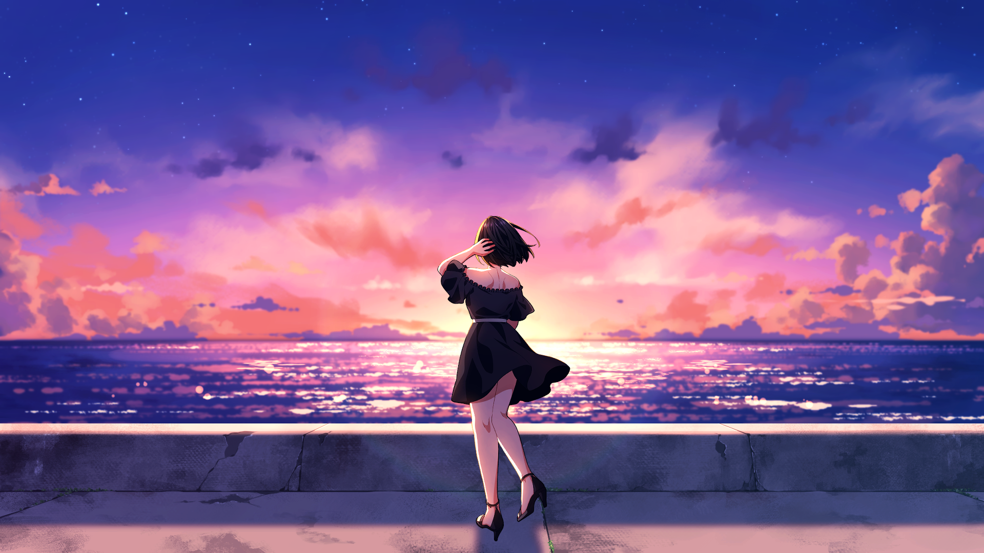 commentary request, highres, 1girl, arm behind back, bare shoulders, black dress, black hair, blue sky, clothes lift, dress, dress lift, from behind, full body, high heels, horizon, medium dress, ocean, off-shoulder dress, off shoulder, purple sky, shijin (musician), short hair, sky, solo, star (sky), starry sky, sun, sunset, tohyama shage