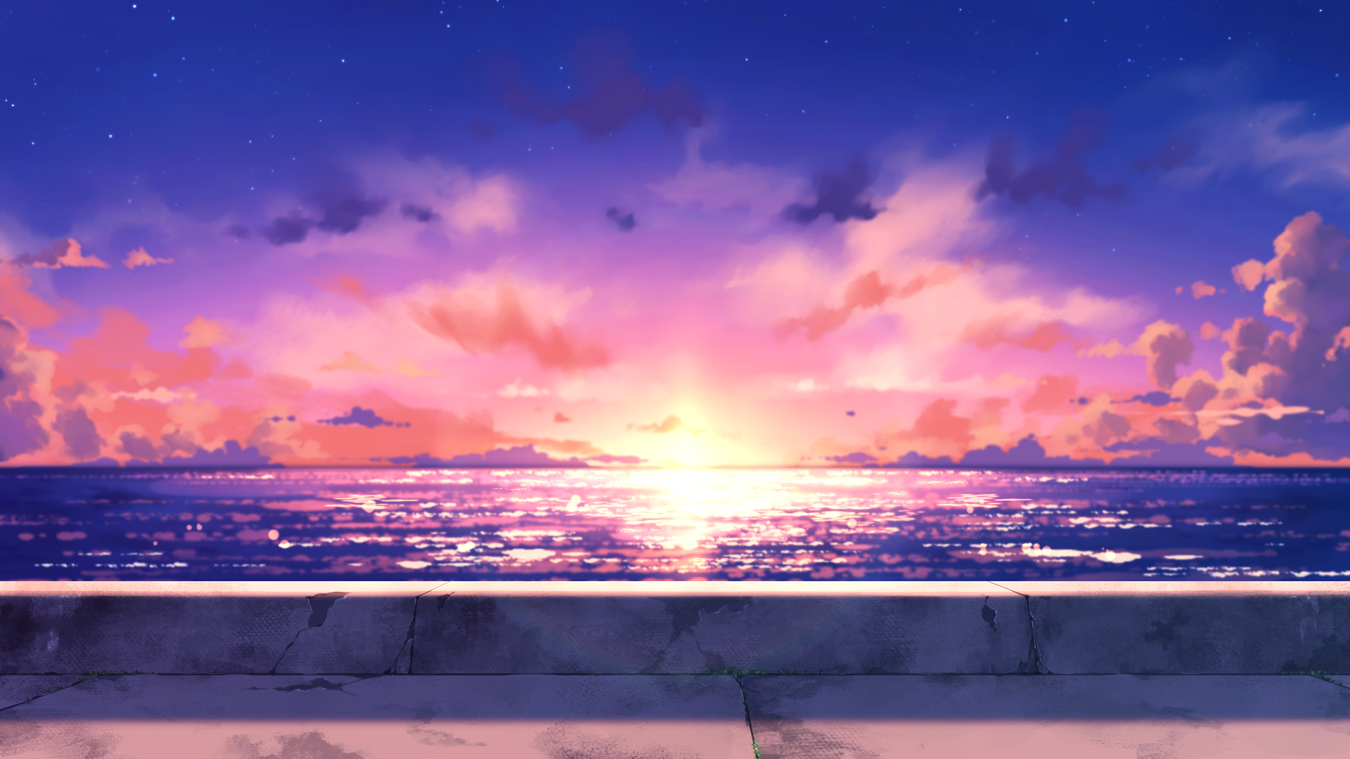 highres, blue sky, horizon, no humans, ocean, purple sky, scenery, shijin (musician), sky, star (sky), starry sky, sun, sunset, tohyama shage