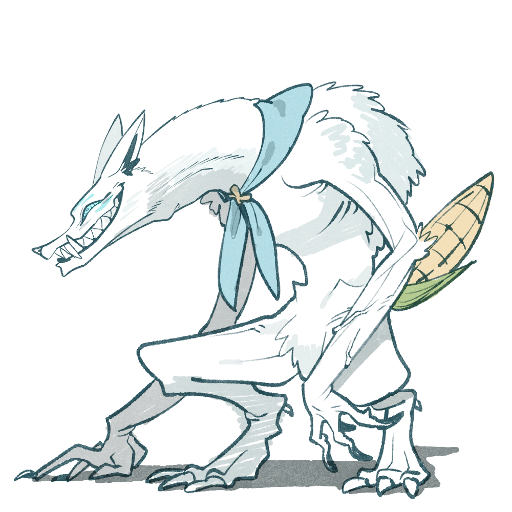 cocomayo29 (tomato), sukonbu (shirakami fubuki), hololive, commentary request, korean commentary, @ @, animal ears, blue eyes, claws, corn, fox, fox ears, monster, no humans, sharp teeth, teeth, virtual youtuber, white fur