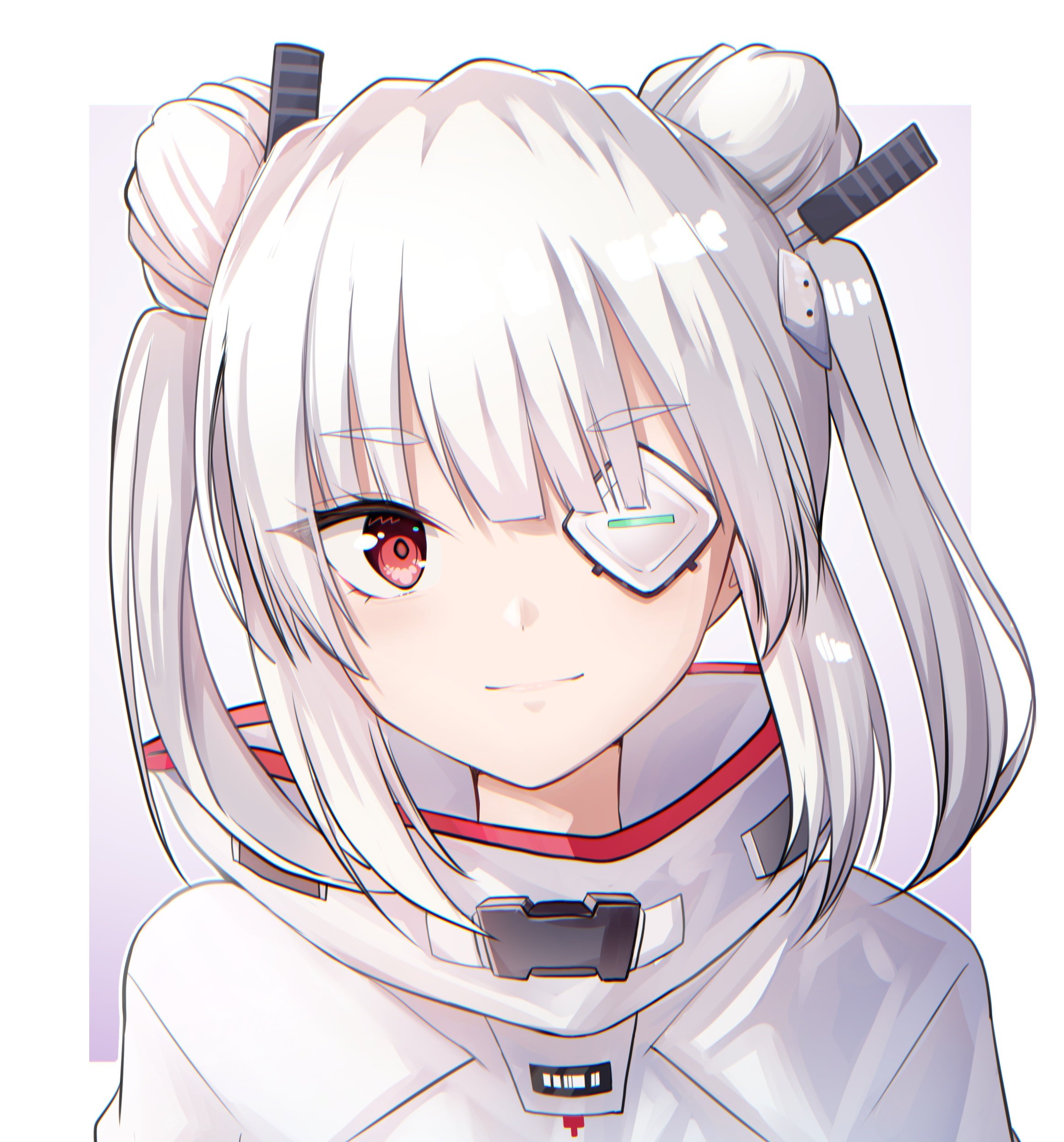 rrtp, yamawaki bon ivar, heaven burns red, absurdres, commentary, highres, 1girl, blunt bangs, border, closed mouth, double bun, eyelashes, eyepatch, eyes visible through hair, hair bun, looking at viewer, medium hair, one eye covered, outside border, purple background, red eyes, shirt, sidelocks, simple background, smile, solo, straight hair, thick eyebrows, tsurime, twintails, upper body, white border, white hair, white shirt