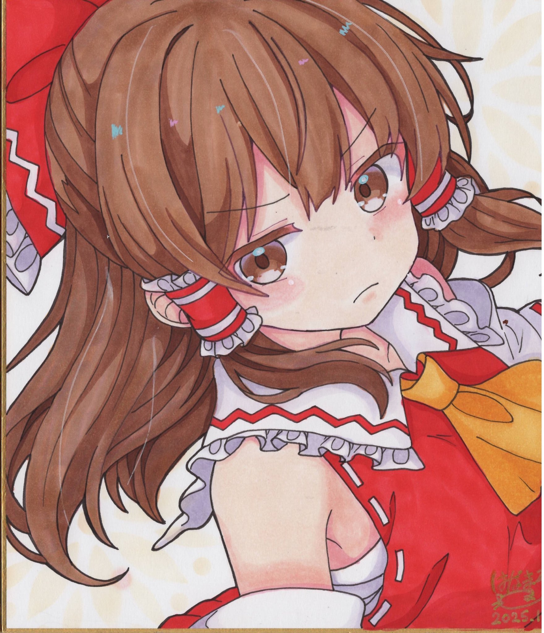 hakurei reimu, touhou, commentary request, highres, traditional media, 1girl, ascot, bow, brown eyes, brown hair, closed mouth, dated, detached sleeves, frilled bow, frilled hair tubes, frills, hair bow, hair tubes, hoshi tea party, long hair, red bow, shikishi, signature, solo
