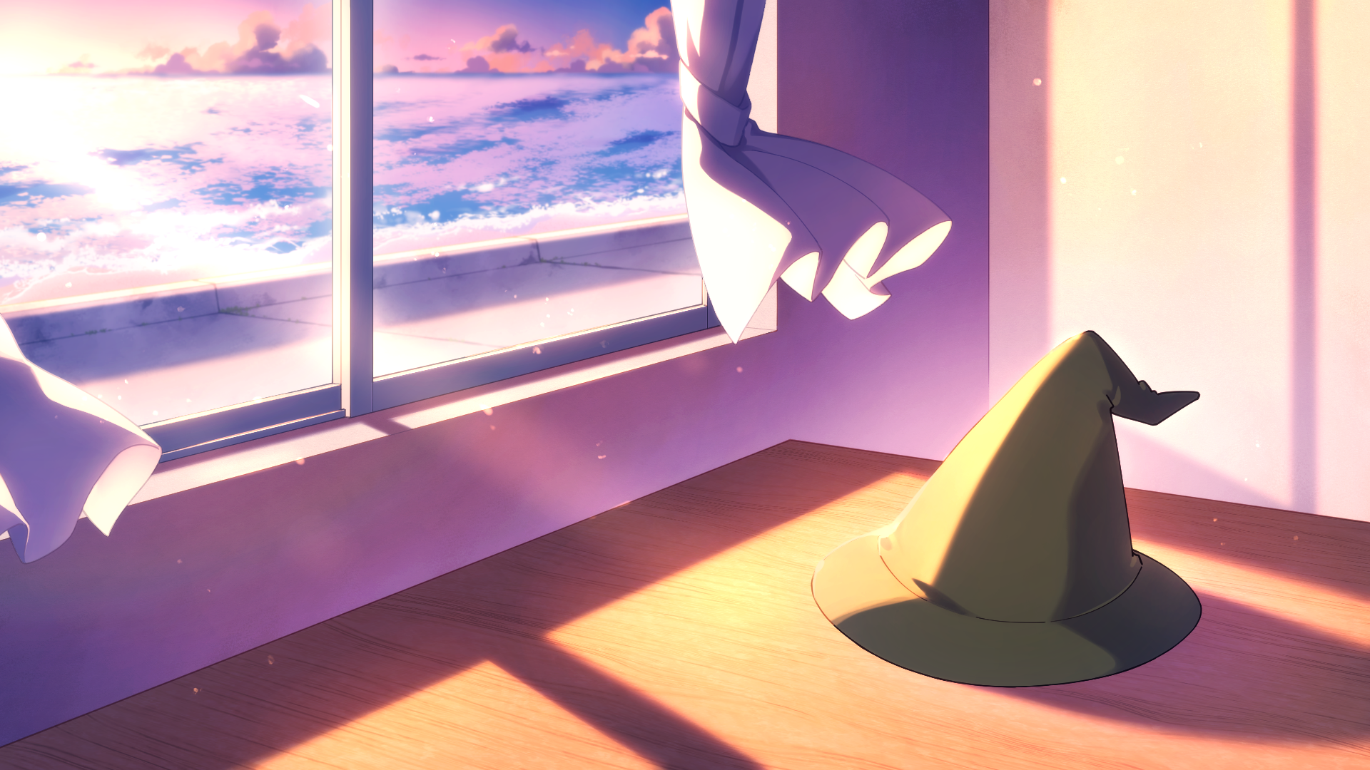 highres, cloud, curtains, green hat, hat, light particles, light rays, no humans, ocean, purple sky, shijin (musician), sky, still life, sunlight, table, tohyama shage, unworn hat, unworn headwear, window, witch hat