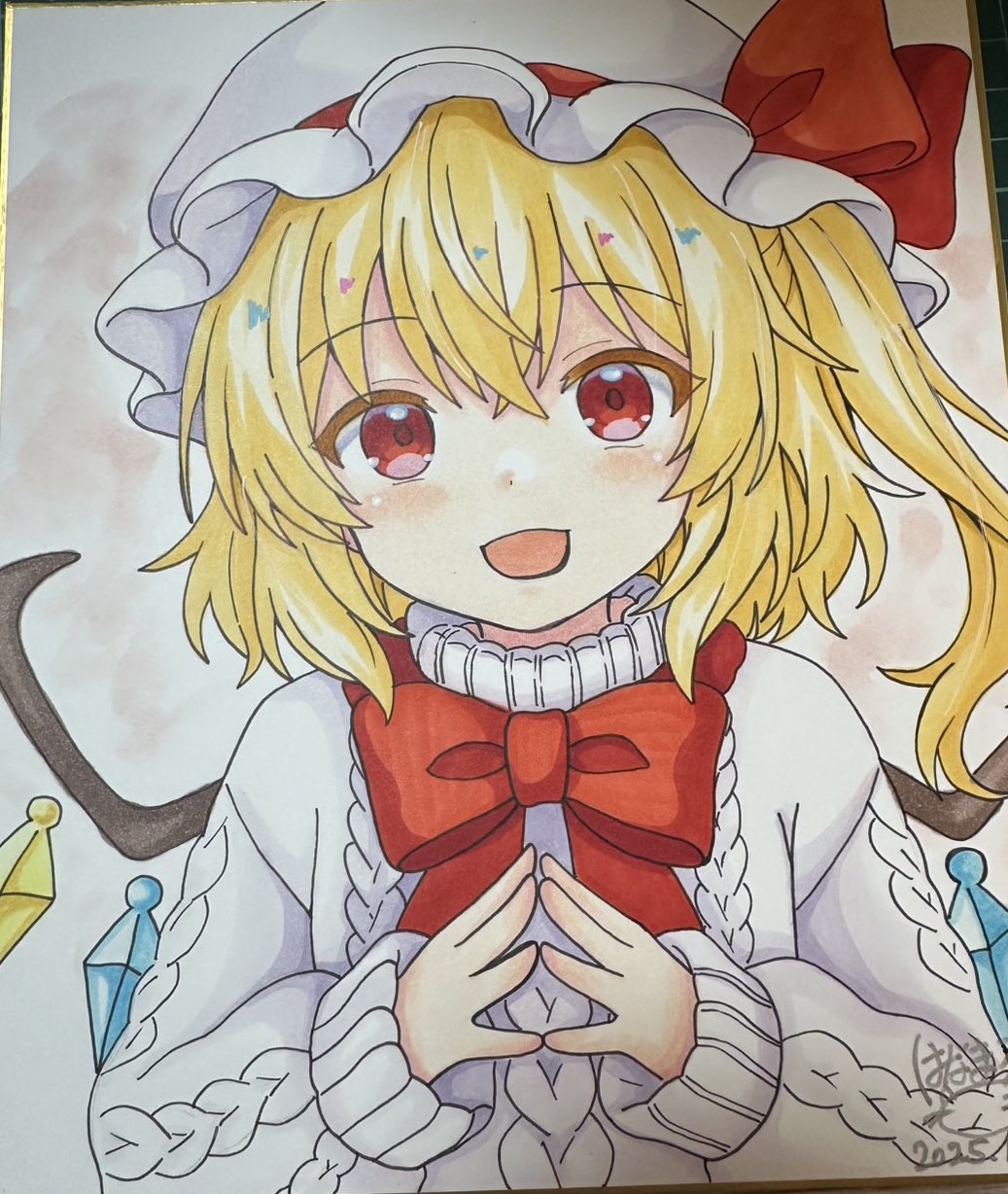 flandre scarlet, touhou, commentary request, highres, photo (medium), traditional media, 1girl, alternate costume, blonde hair, bow, bowtie, crystal, crystal wings, dated, hat, hoshi tea party, long hair, long sleeves, looking at viewer, mob cap, multicolored wings, one side up, open mouth, own hands together, red bow, red bowtie, red eyes, shikishi, signature, smile, solo, sweater, white hat, white sweater, wings