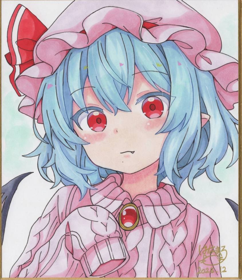 remilia scarlet, touhou, commentary request, traditional media, 1girl, alternate costume, bat wings, blue hair, blush, brooch, closed mouth, dated, fang, fang out, hat, hat ribbon, hoshi tea party, jewelry, long sleeves, medium hair, mob cap, pink hat, pink sweater, pointy ears, red eyes, ribbon, shikishi, signature, sleeves past fingers, sleeves past wrists, solo, sweater, wings
