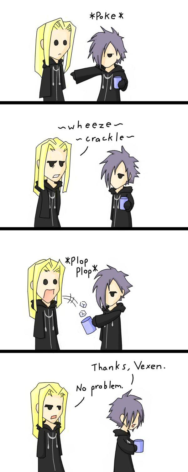 vexen, zexion, kingdom hearts, highres, 4koma, blonde hair, chibi, comic, ice