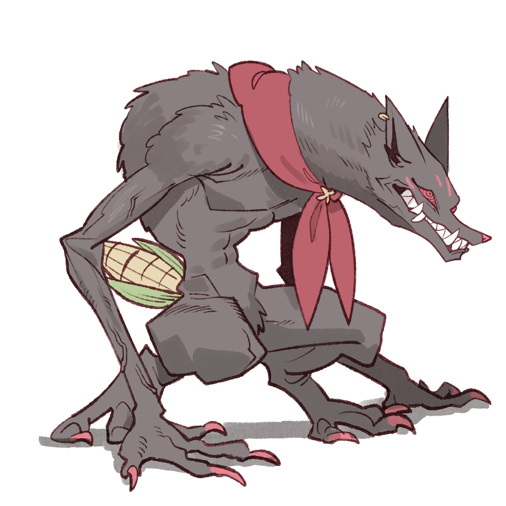 cocomayo29 (tomato), kurokami fubuki, sukonbu (shirakami fubuki), hololive, commentary request, korean commentary, @ @, animal ears, black fur, corn, earrings, fox, fox ears, jewelry, long arms, red eyes, sharp teeth, single earring, teeth