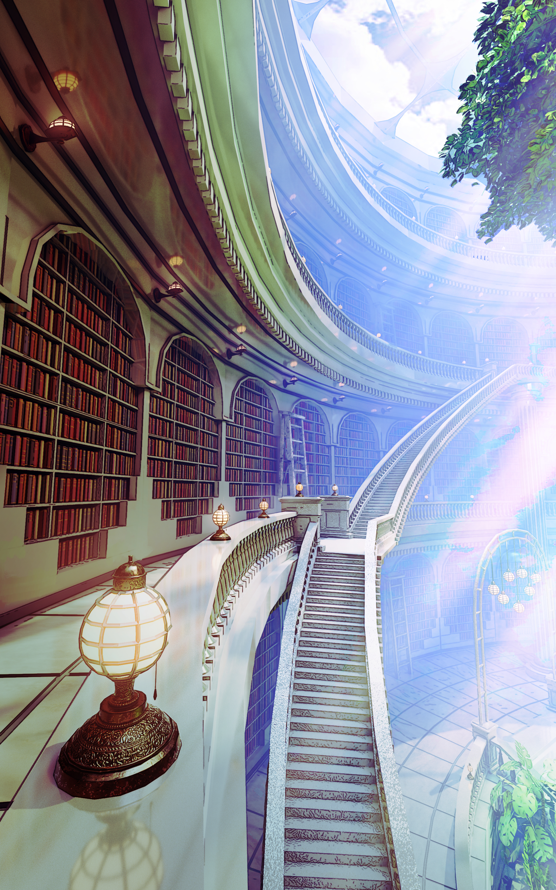 rei (lappy mofumofu), original, absurdres, commentary request, concept art, highres, architecture, baluster, bookshelf, day, lantern, library, light rays, no humans, scenery, stairs, sunbeam, sunlight