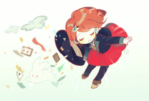 g0m 0, yumeno himiko, danganronpa (series), danganronpa v3: killing harmony, blue gem, commentary, third-party source, 1girl, ace (playing card), ace of spades, bird, black hat, black jacket, black pantyhose, blunt bangs, blush stickers, bob cut, boots, brown boots, brown vest, card, chibi, circle skirt, closed eyes, closed mouth, collared jacket, collared shirt, confetti, dot nose, dove, eyelashes, floating, floating clothes, floating hair, footwear ribbon, gem, gem hair ornament, gradient background, green background, hair ornament, hairclip, happy, hat, holding, holding unworn clothes, holding unworn hat, jacket, lapels, long sleeves, miniskirt, notched lapels, open clothes, open jacket, pantyhose, playing card, pleated skirt, rabbit, red hair, red skirt, ribbon, shirt, short hair, signature, simple background, skirt, sleeve cuffs, smile, solo, spade (shape), unworn hat, unworn headwear, v-neck, vest, white background, white ribbon, white shirt, witch hat