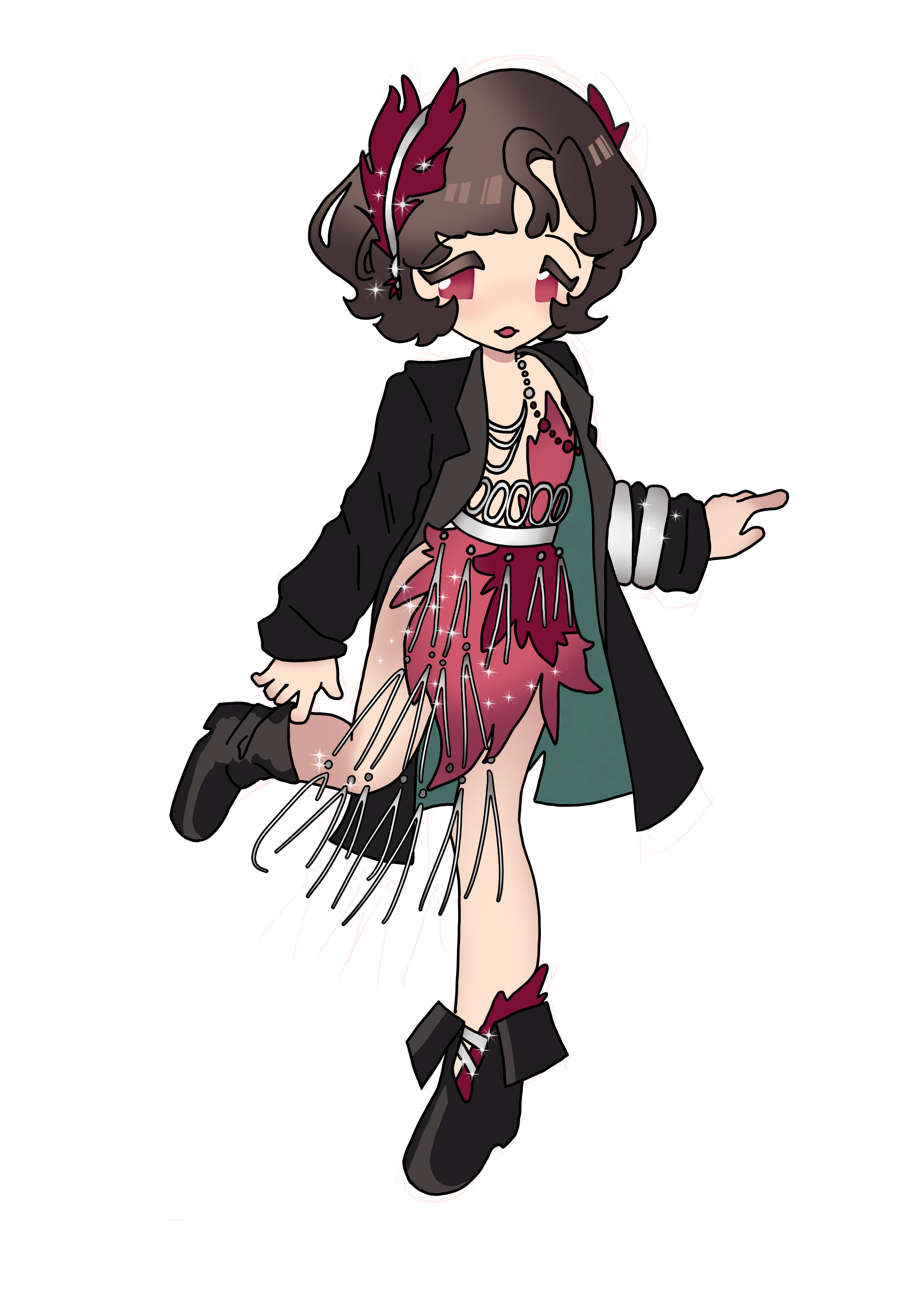 schneider (reverse:1999), reverse:1999, absurdres, highres, non-web source, brown hair, chibi, feathers, flapper, flapper girl, red eyes, silver jewelry, sparkle