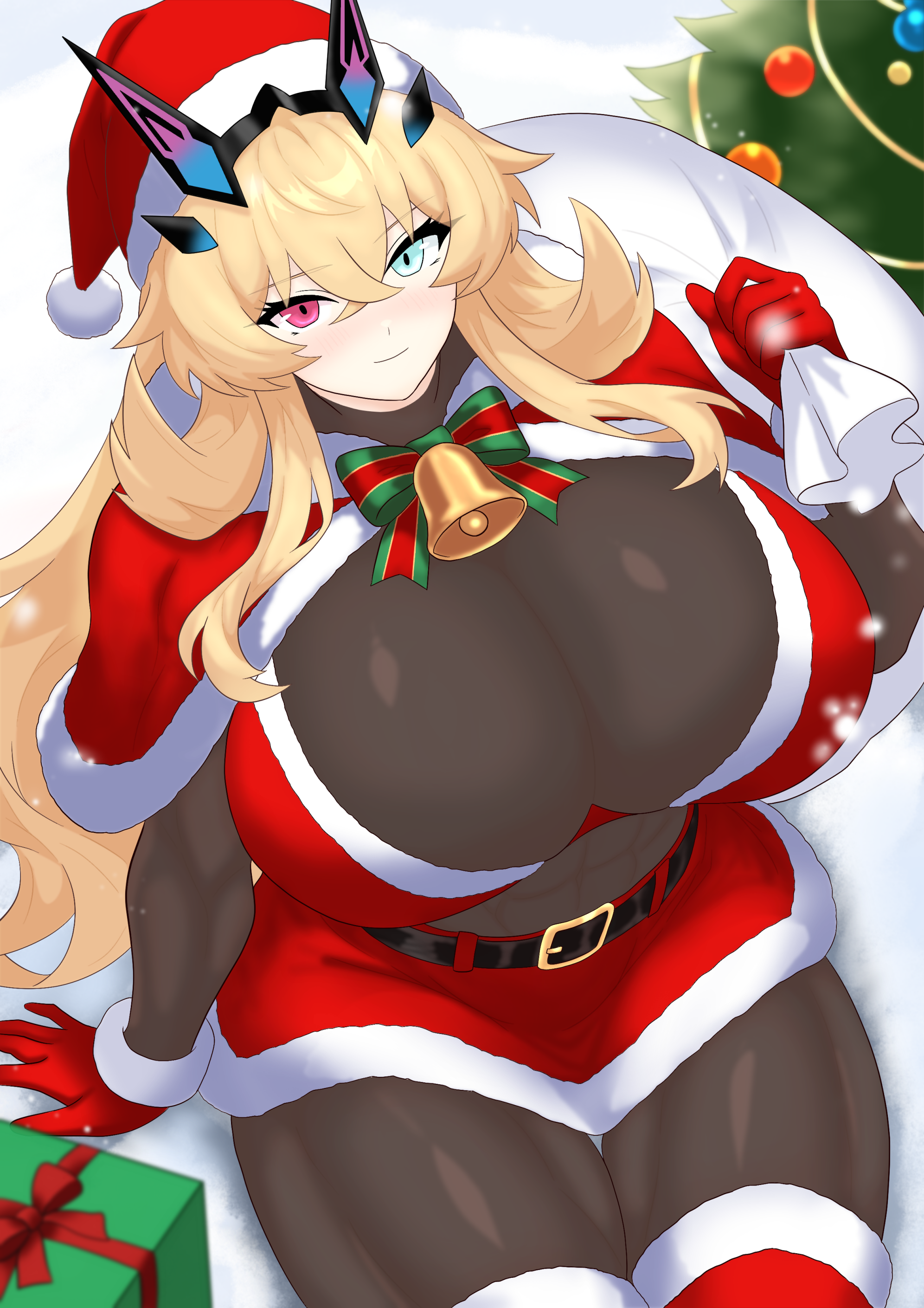 yom (yom4 e), barghest (fate), fate/grand order, fate (series), absurdres, commentary request, highres, 1girl, abs, bell, belt, blonde hair, blush, bodystocking, bow, bowtie, box, bra, breasts, capelet, christmas tree, fur trim, gift, gift box, gloves, green eyes, hat, heterochromia, horns, huge breasts, jingle bell, long hair, looking at viewer, miniskirt, muscular, muscular female, red bra, red capelet, red eyes, red gloves, red hat, red skirt, red thighhighs, sack, santa costume, santa hat, see-through cleavage, see-through clothes, skirt, smile, solo, thick thighs, thighhighs, thighs, underwear