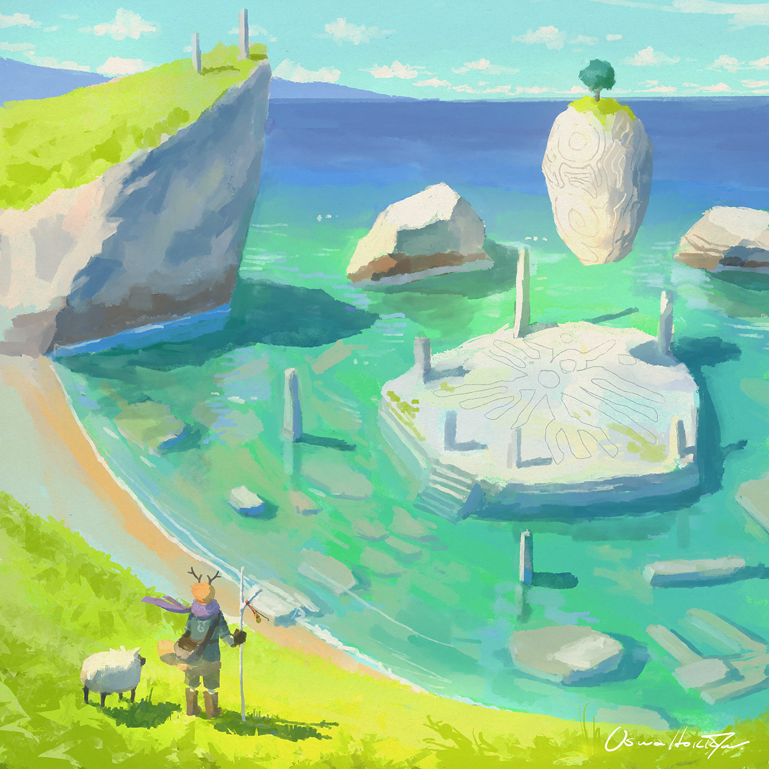 katou oswaldo, original, commentary request, highres, 1other, ambiguous gender, animal, antlers, blue sky, cliff, day, fantasy, floating clothes, floating island, grey pants, grey shirt, holding, holding pole, horizon, horns, ocean, orange hair, outdoors, pants, pole, purple scarf, ruins, scarf, scenery, shadow, sheep, shirt, shore, short hair, signature, sky, standing, wide shot