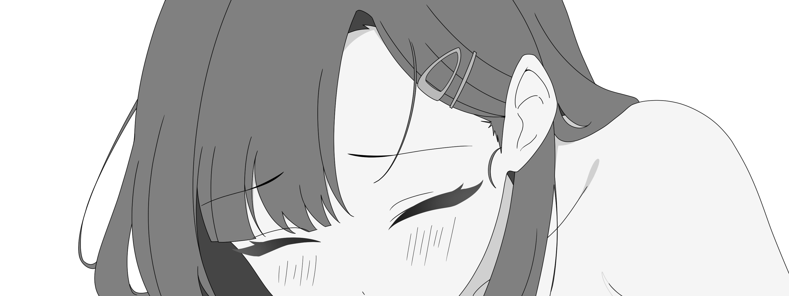 schwarz rubin, ichika (blue archive), blue archive, absurdres, commentary request, highres, 1girl, bare shoulders, blush, closed eyes, collarbone, facing viewer, greyscale, hair ornament, hairclip, implied fellatio, long hair, monochrome, parted bangs, solo, upper body, white background