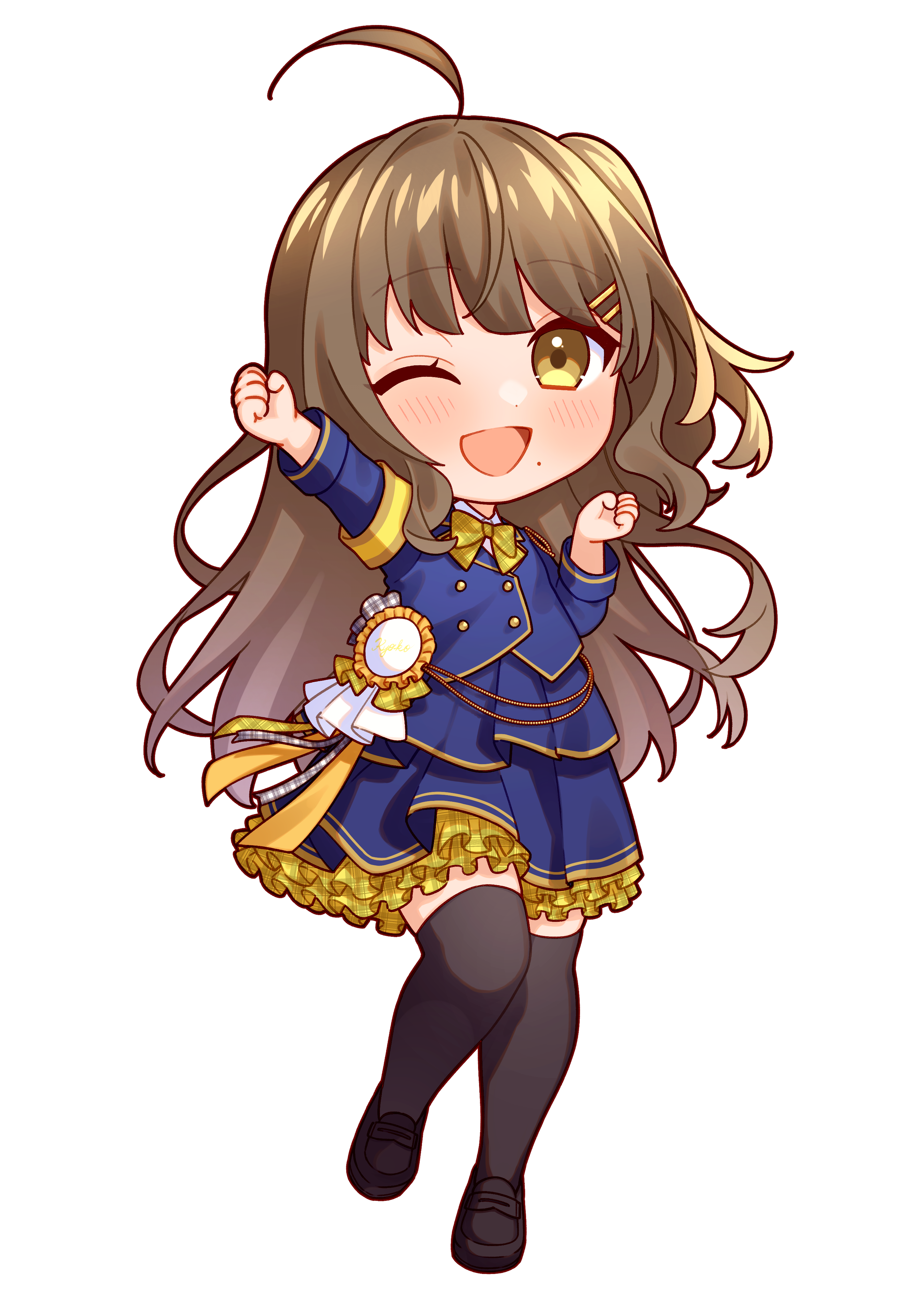 hoshimeguri gakuen, absurdres, commentary request, highres, 1girl, ahoge, arm up, black shoes, black thighhighs, blue jacket, blue skirt, bow, bowtie, brown hair, chibi, frilled skirt, frills, full body, hair ornament, hairclip, jacket, kuramochi kyouko, loafers, long hair, mole, mole under eye, one side up, ribbon, shoes, skirt, solo, thighhighs, tohyama shage, virtual youtuber, yellow bow, yellow bowtie, yellow eyes, zettai ryouiki